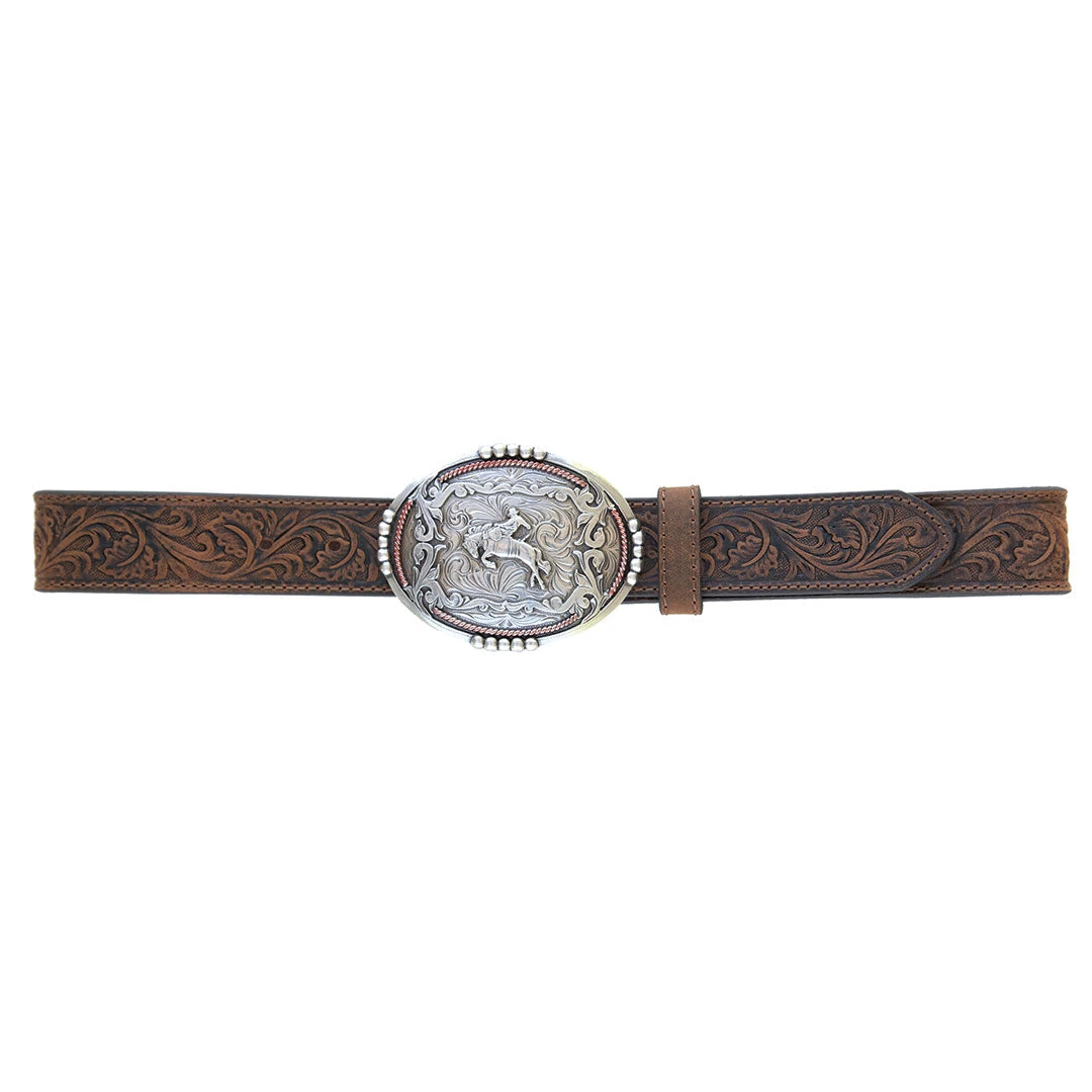 AndWest Men's Tooled Leather Belt With Bronc Rider Buckle 1 AndWest Men's Tooled Leather Belt With Bronc Rider Buckle