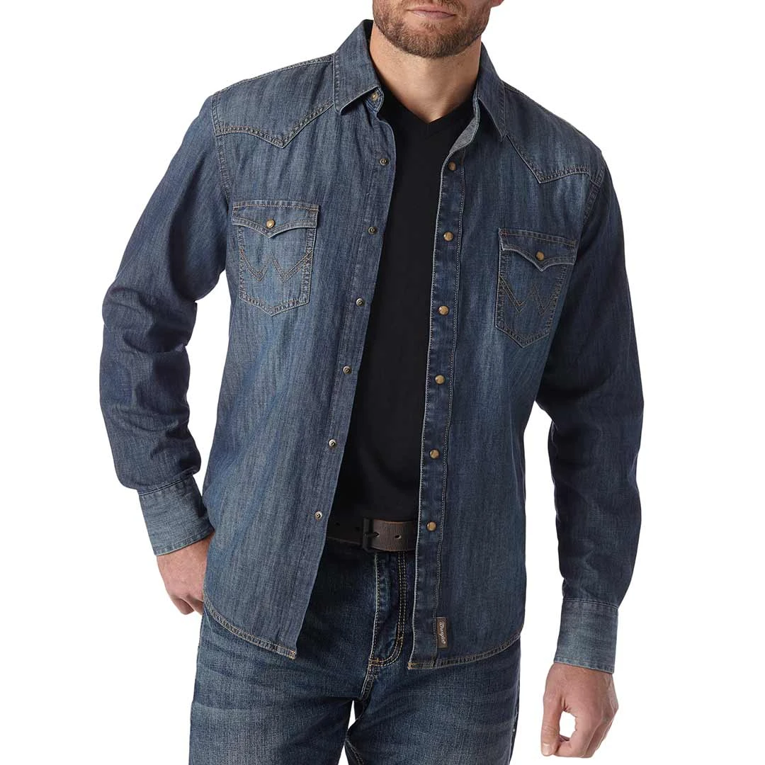 Wrangler Men's Retro Dark Wash Snap Denim Shirt 1 Wrangler Men's Retro Dark Wash Snap Denim Shirt