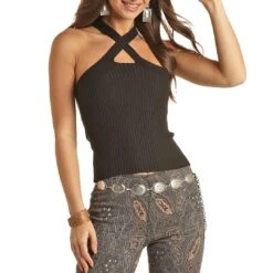 Rock & Roll Cowgirl Women's Ribbed Knit Criss-Cross Tank Top