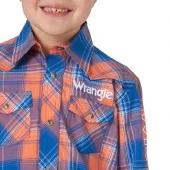 Wrangler Boys' Plaid Logo Western Snap Shirt -Western Cowboy Equipment Store img51621 wrangler boys plaid logo western snap shirt