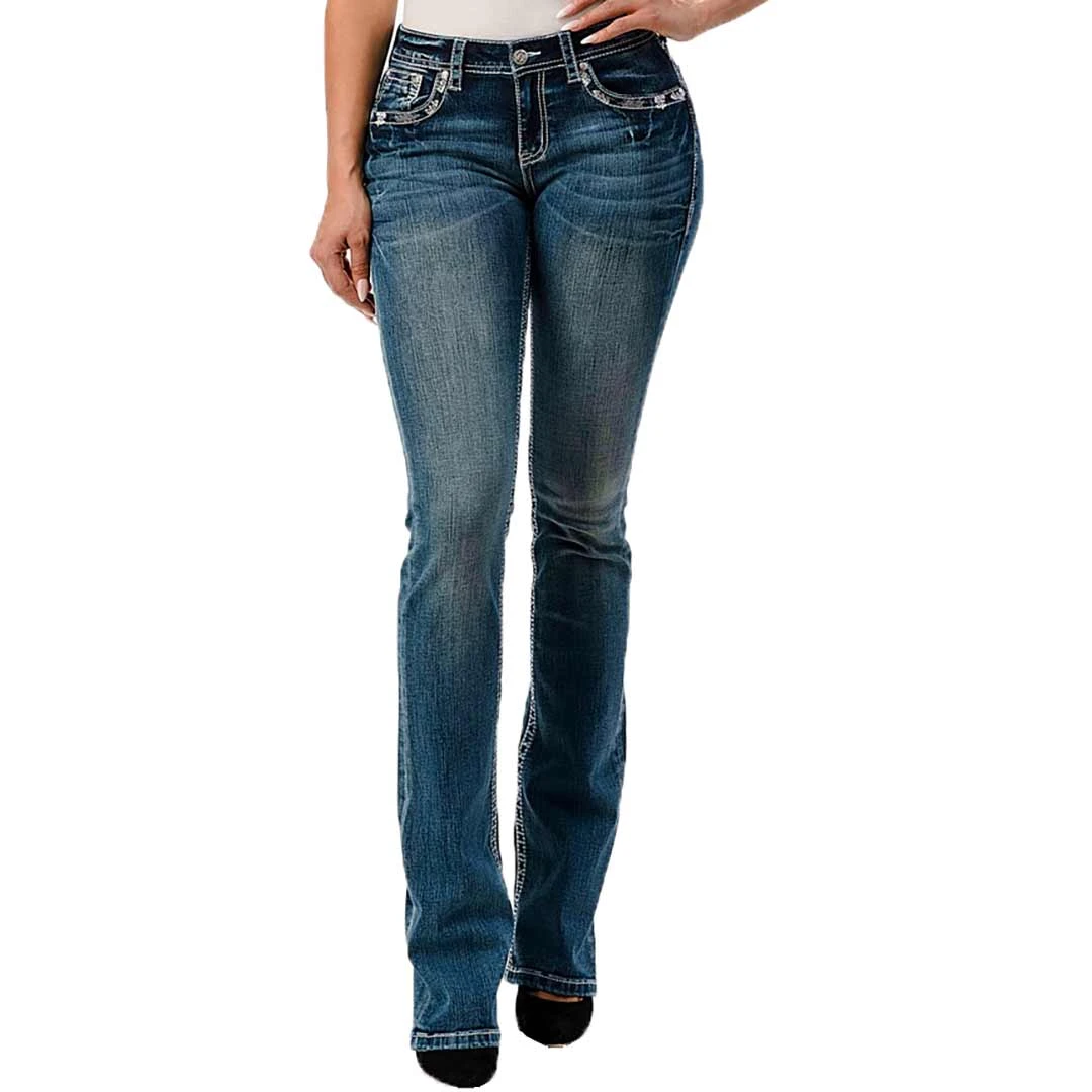 Grace In LA Women's Floral Swirl Embroidered Bootcut Jeans 2 Grace In LA Women's Floral Swirl Embroidered Bootcut Jeans - Image 2