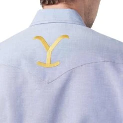 Wrangler X Yellowstone Men's Chambray Snap Shirt -Western Cowboy Equipment Store img77062 wrangler x yellowstone men s chambray snap shirt