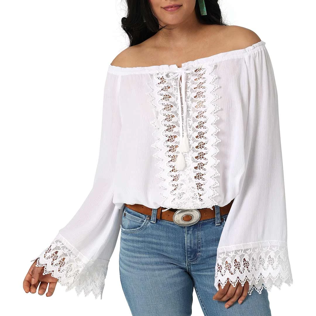 Wrangler Women's Retro Boho Crochet Off-Shoulder Blouse 1 Wrangler Women's Retro Boho Crochet Off-Shoulder Blouse