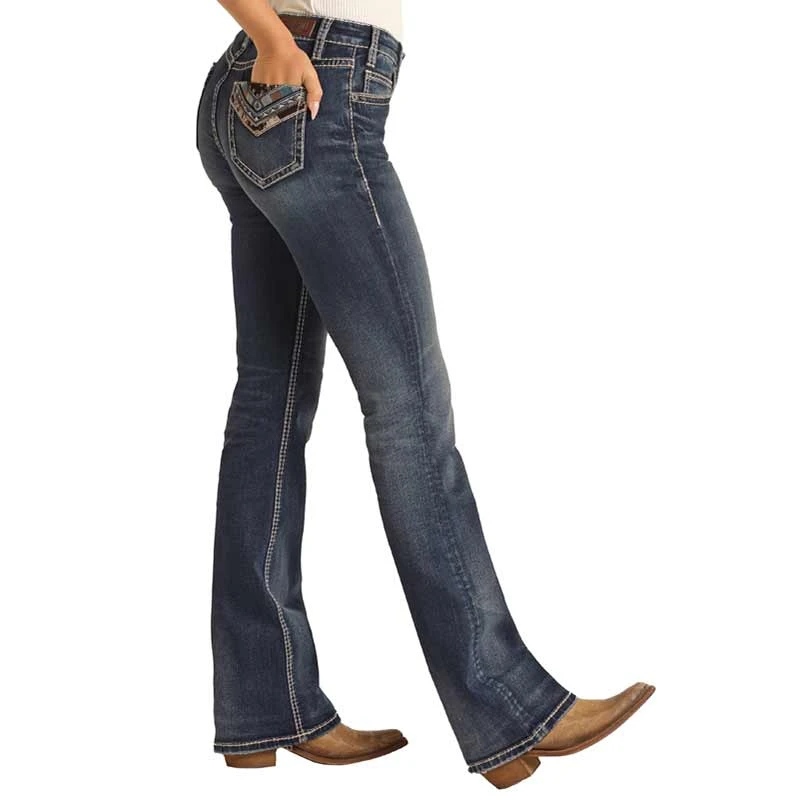 Rock & Roll Cowgirl Women's Cow Print Embroidered Bootcut Jeans 2 Rock & Roll Cowgirl Women's Cow Print Embroidered Bootcut Jeans - Image 2