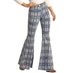 Rock & Roll Denim Women's High Rise Extra Stretch Aztec Print Bell Bottom Jeans -Western Cowboy Equipment Store rock roll denim women s high rise extra stretch aztec print bell bottom jeans