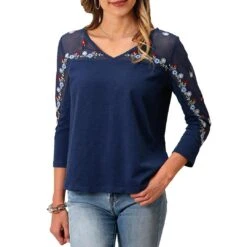 Roper Women's Mesh Embroidered Yoke Blouse
