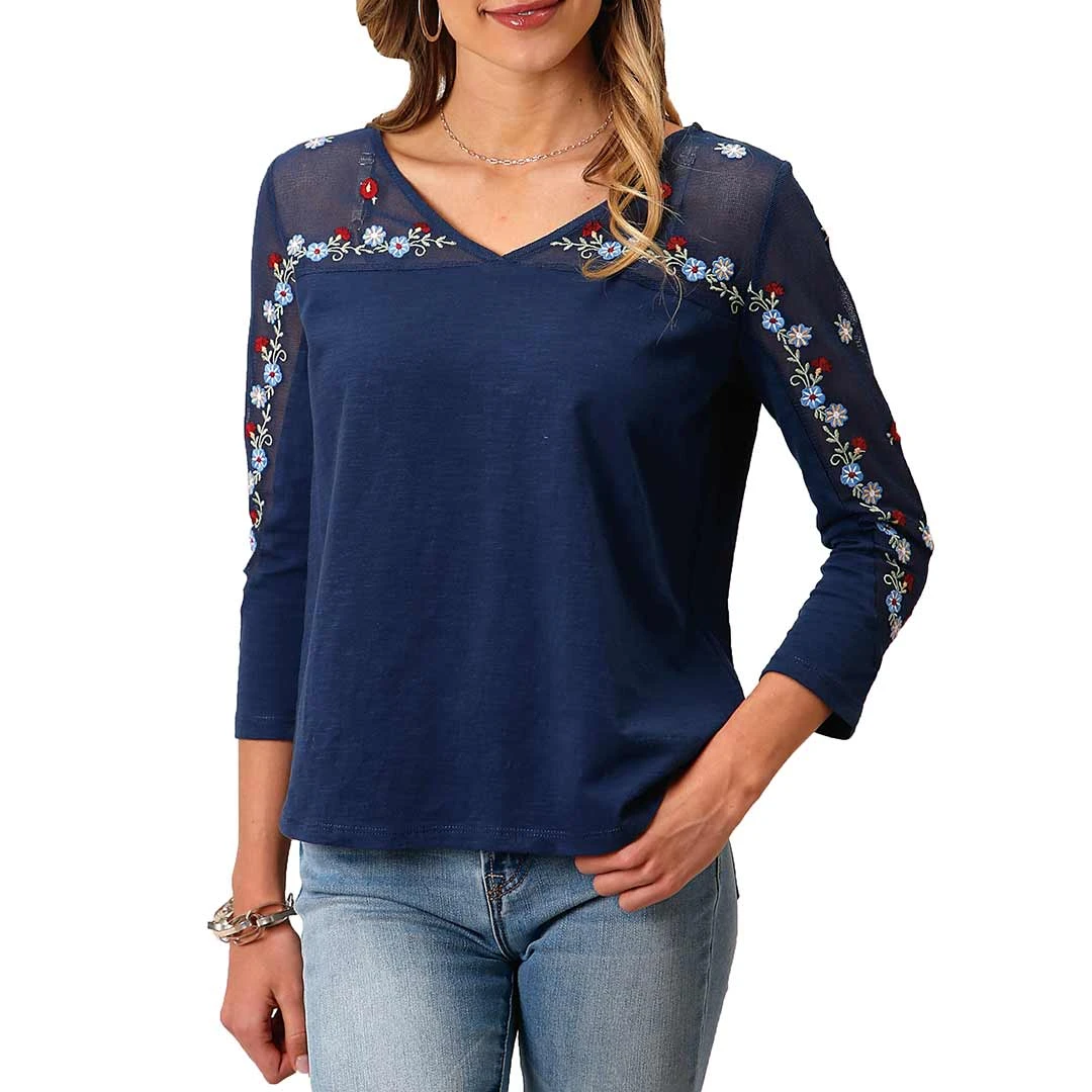 Roper Women's Mesh Embroidered Yoke Blouse 1 Roper Women's Mesh Embroidered Yoke Blouse