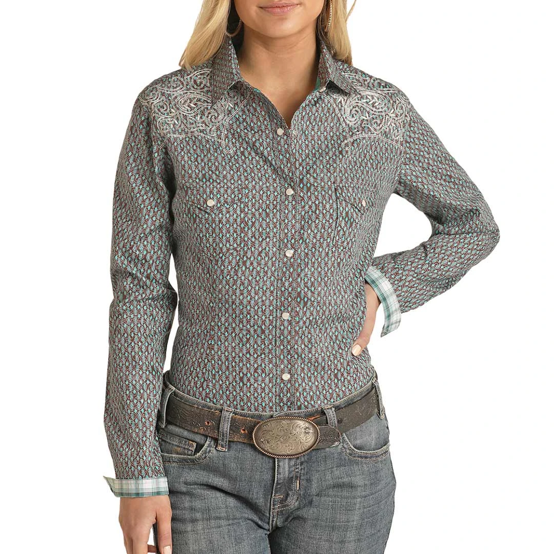 Rough Stock Women's Diamond Paisley Print Snap Shirt 1 Rough Stock Women's Diamond Paisley Print Snap Shirt