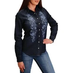 Stetson Women's Floral Embroidered Denim Snap Shirt