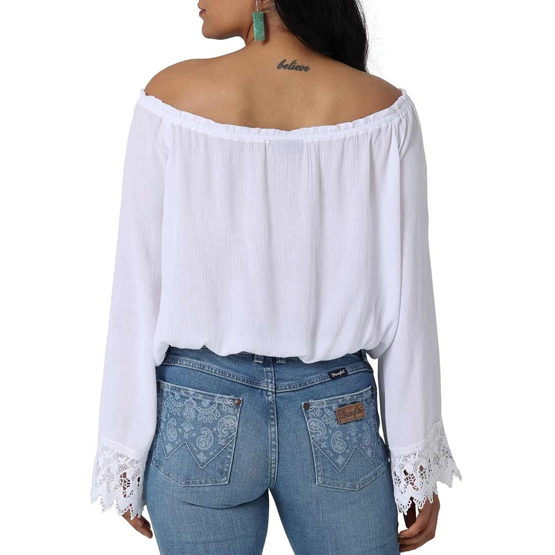 Wrangler Women's Retro Boho Crochet Off-Shoulder Blouse 2 Wrangler Women's Retro Boho Crochet Off-Shoulder Blouse - Image 2
