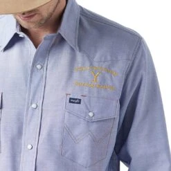 Wrangler X Yellowstone Men's Chambray Snap Shirt -Western Cowboy Equipment Store wrangler x yellowstone men s chambray snap shirt